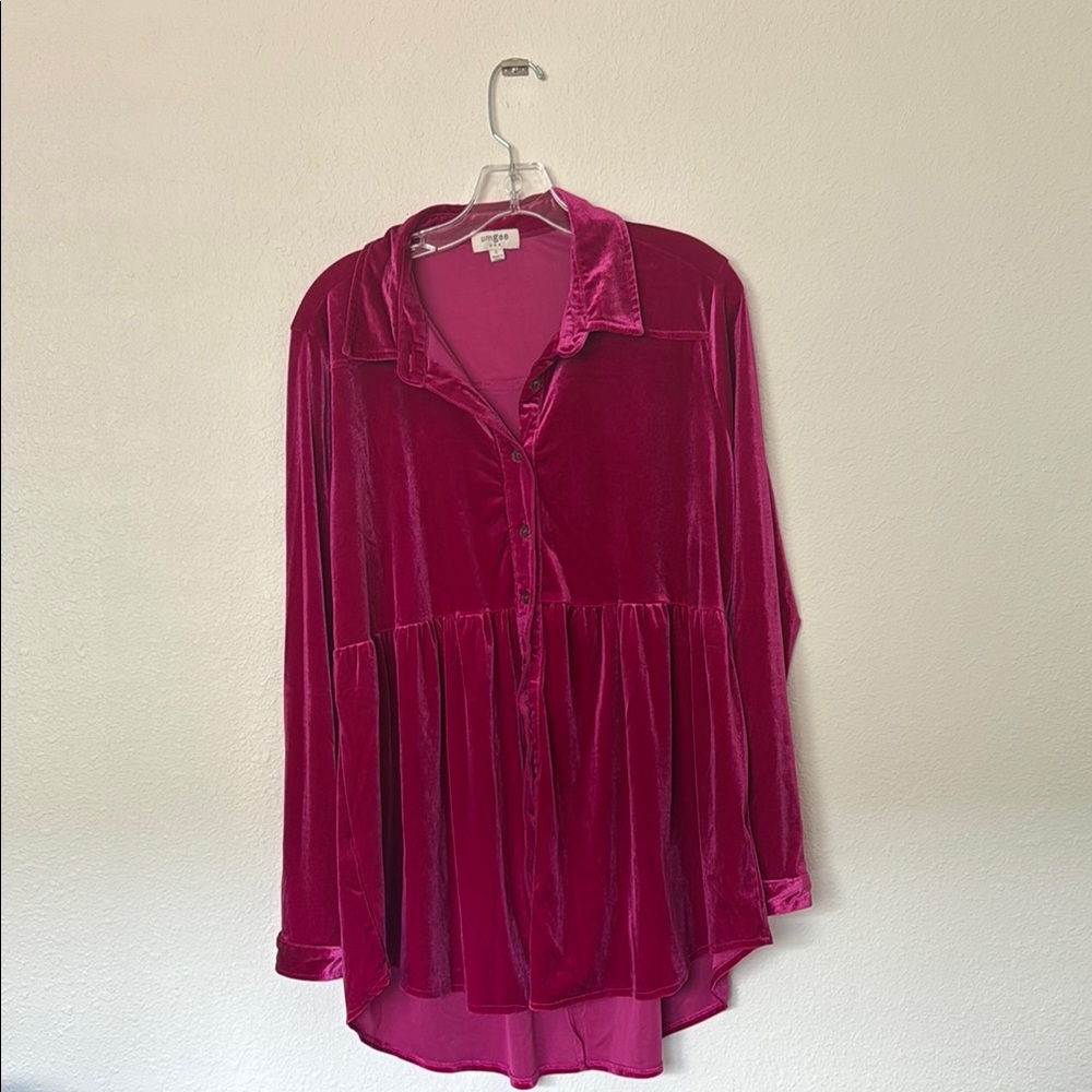 Umgee Red Velvet Oversized Blouse Notched Collar Long Sleeve